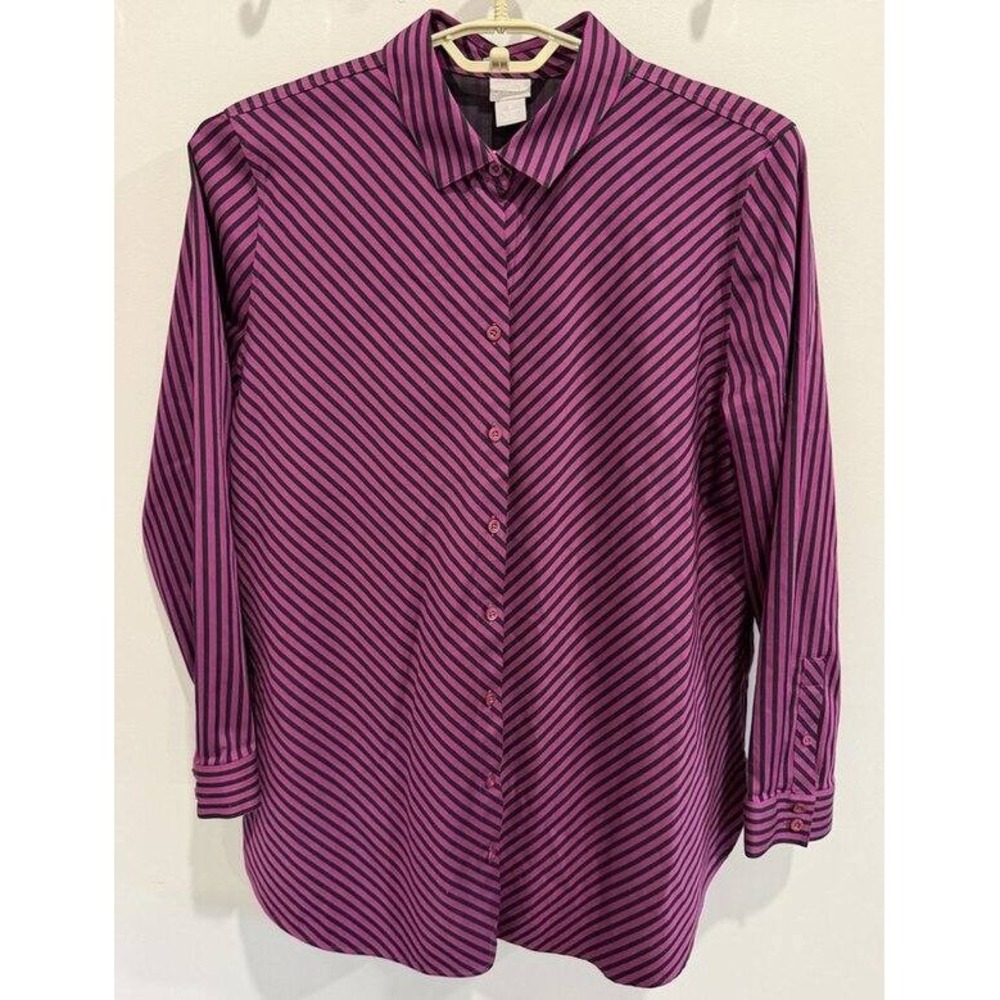Chicos No Iron Chic Stretch Purple Black Stripe Button Front Long Slv Shirt 3 16
